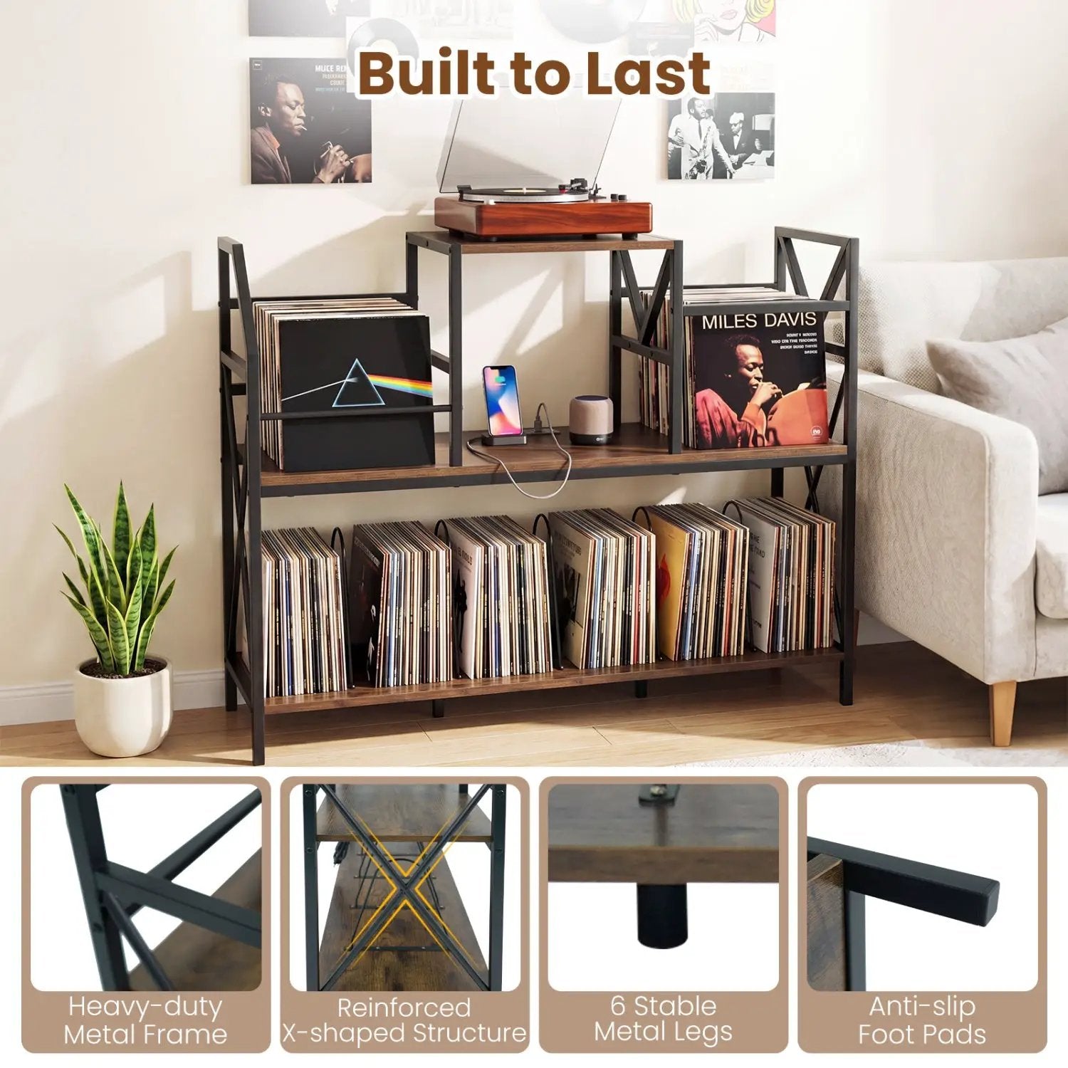 Record Player Stand with Power Outlets & Vinyl Storage by DirectDeals