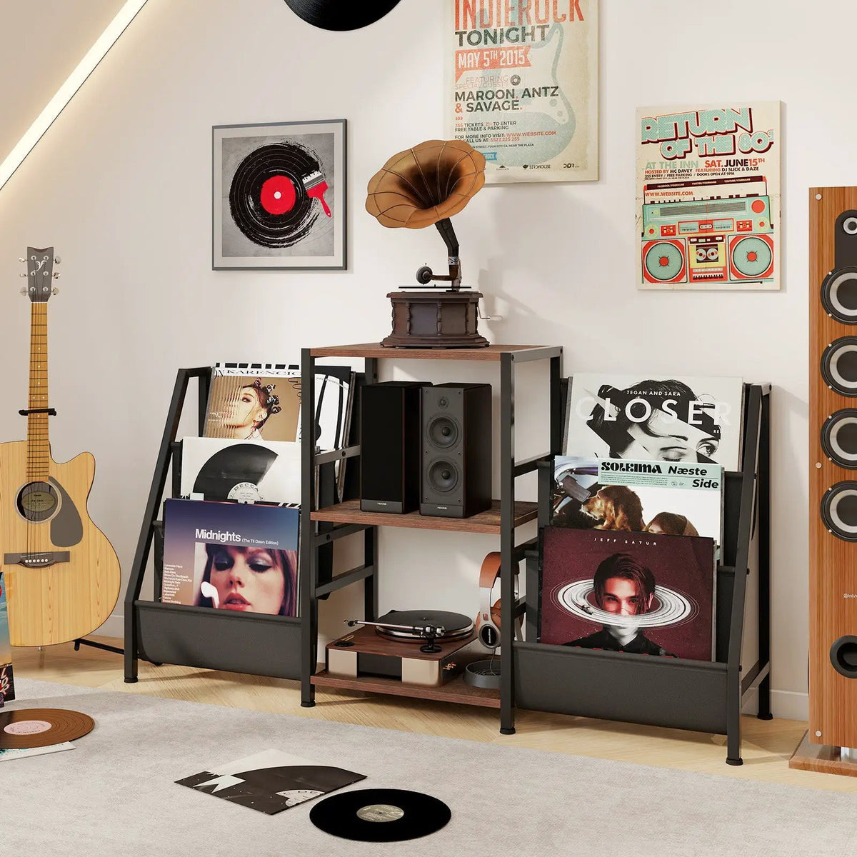 Record Player Stand for up to 200 Albums Turntable Display Stand with 3 Shelves, photo 3 of 16