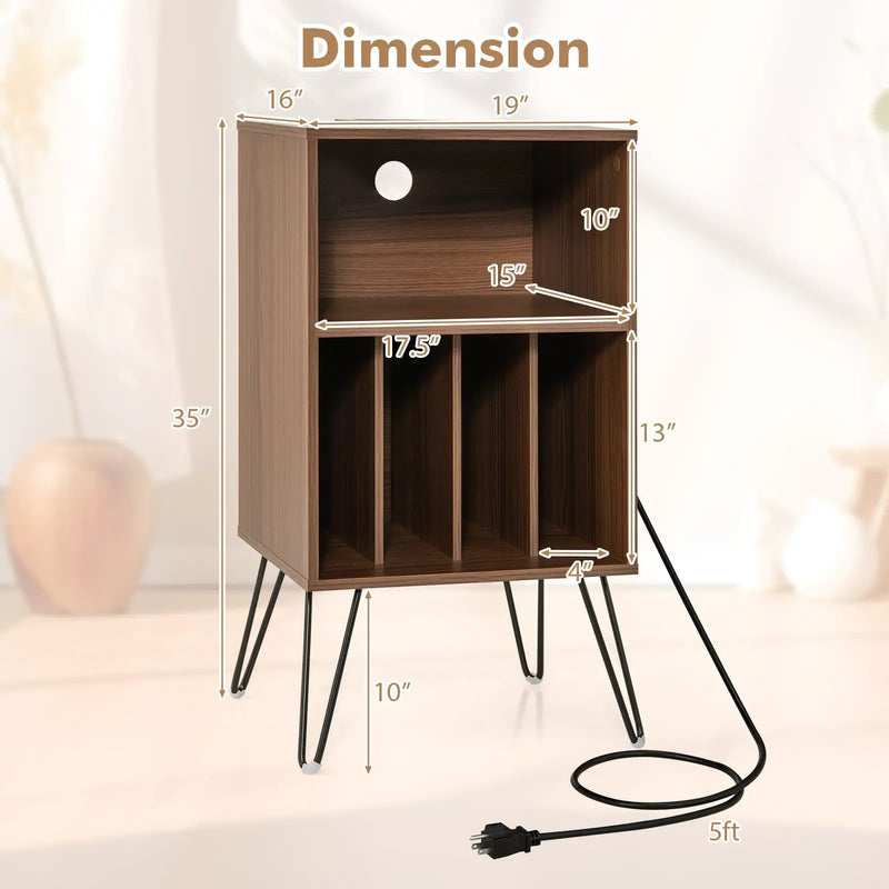 Record Player Stand with Charging Station for Living Room Bedroom-Walnut by DirectDeals