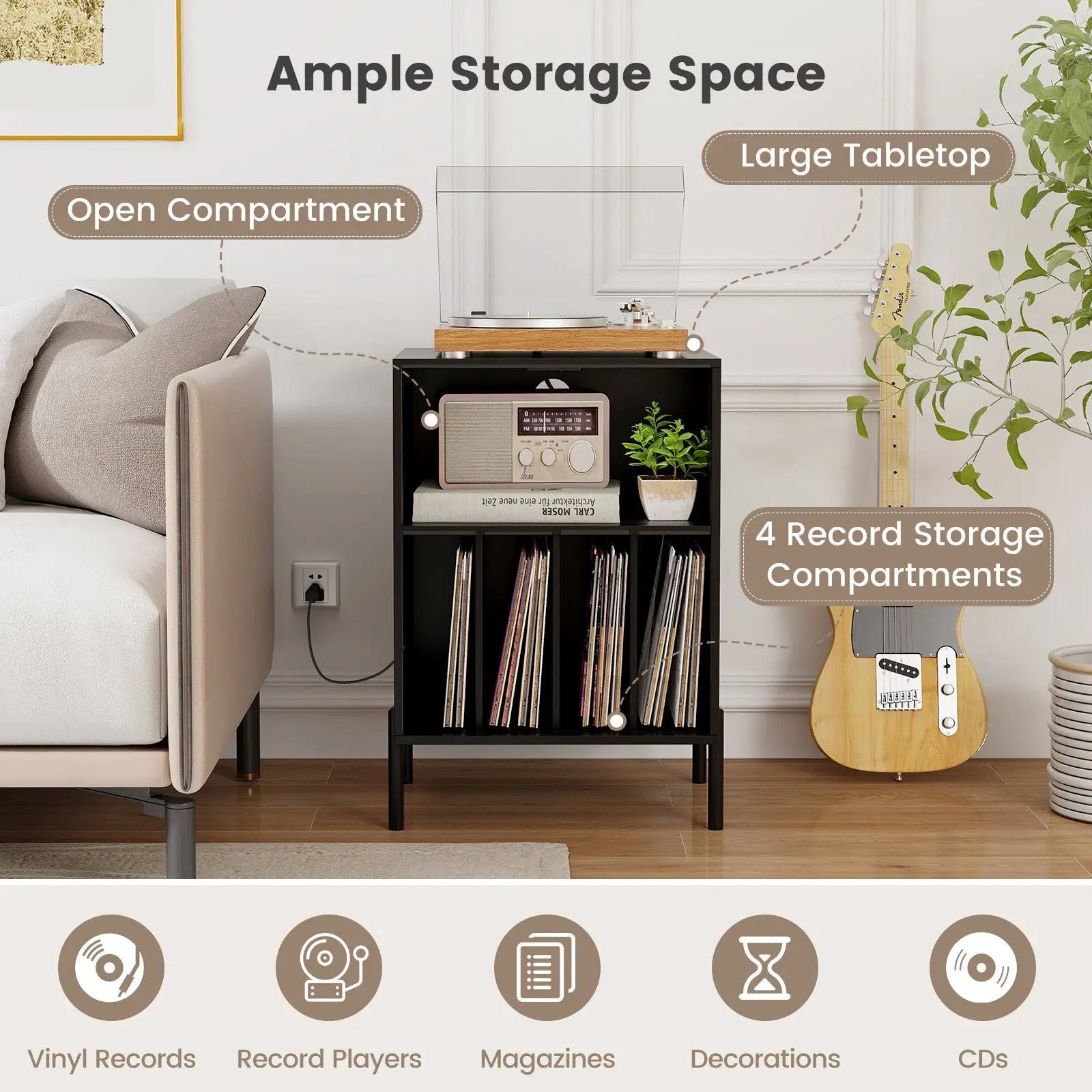 Record Player Stand with Record Storage Shelf and Charging Station by DirectDeals