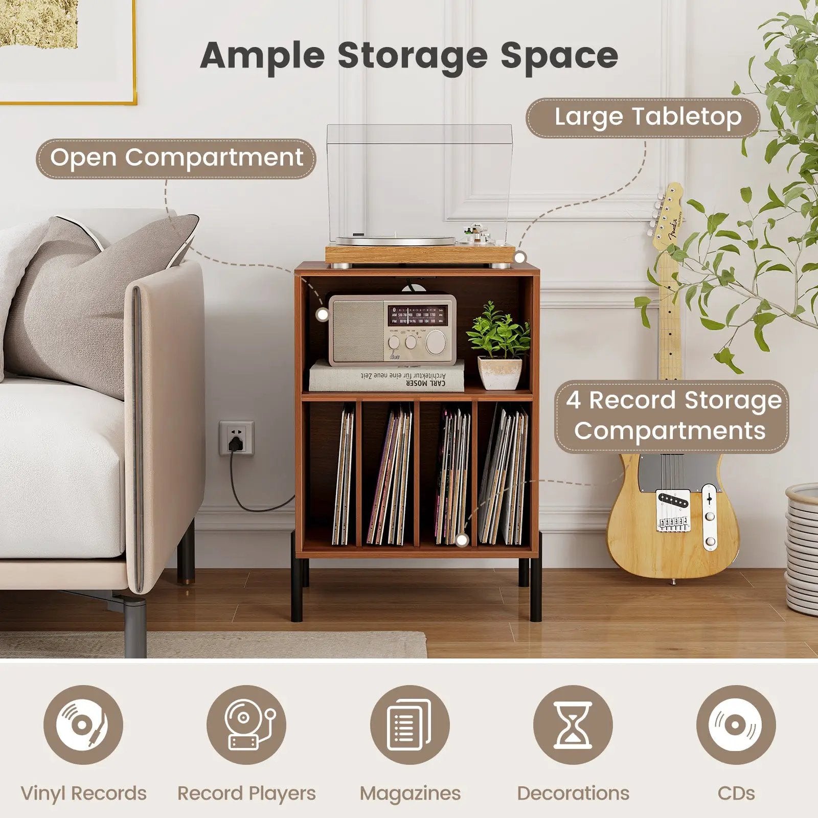 Record Player Stand with Record Storage Shelf and Charging Station by DirectDeals