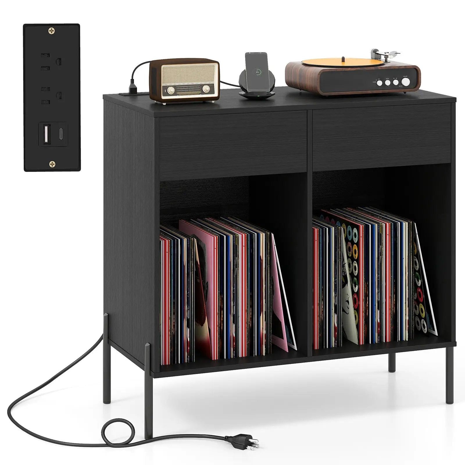Record Player Stand with Power Outlets Double Wide Turntable Stand Vinyl Record Storage Table by DirectDeals
