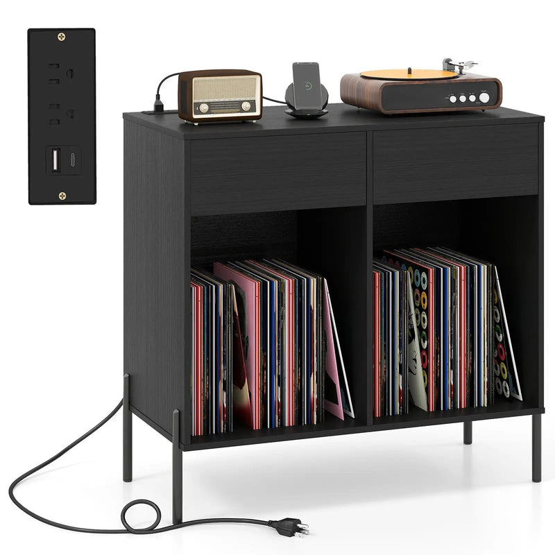 Record Player Stand with Power Outlets Double Wide Turntable Stand Vinyl Record Storage Table by DirectDeals