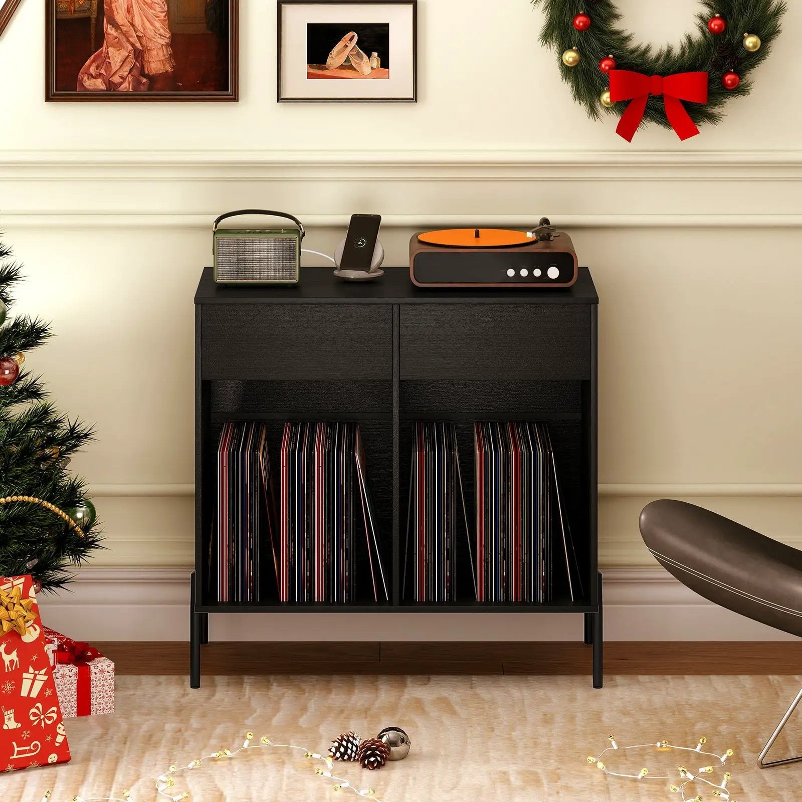 Record Player Stand with Power Outlets Double Wide Turntable Stand Vinyl Record Storage Table by DirectDeals