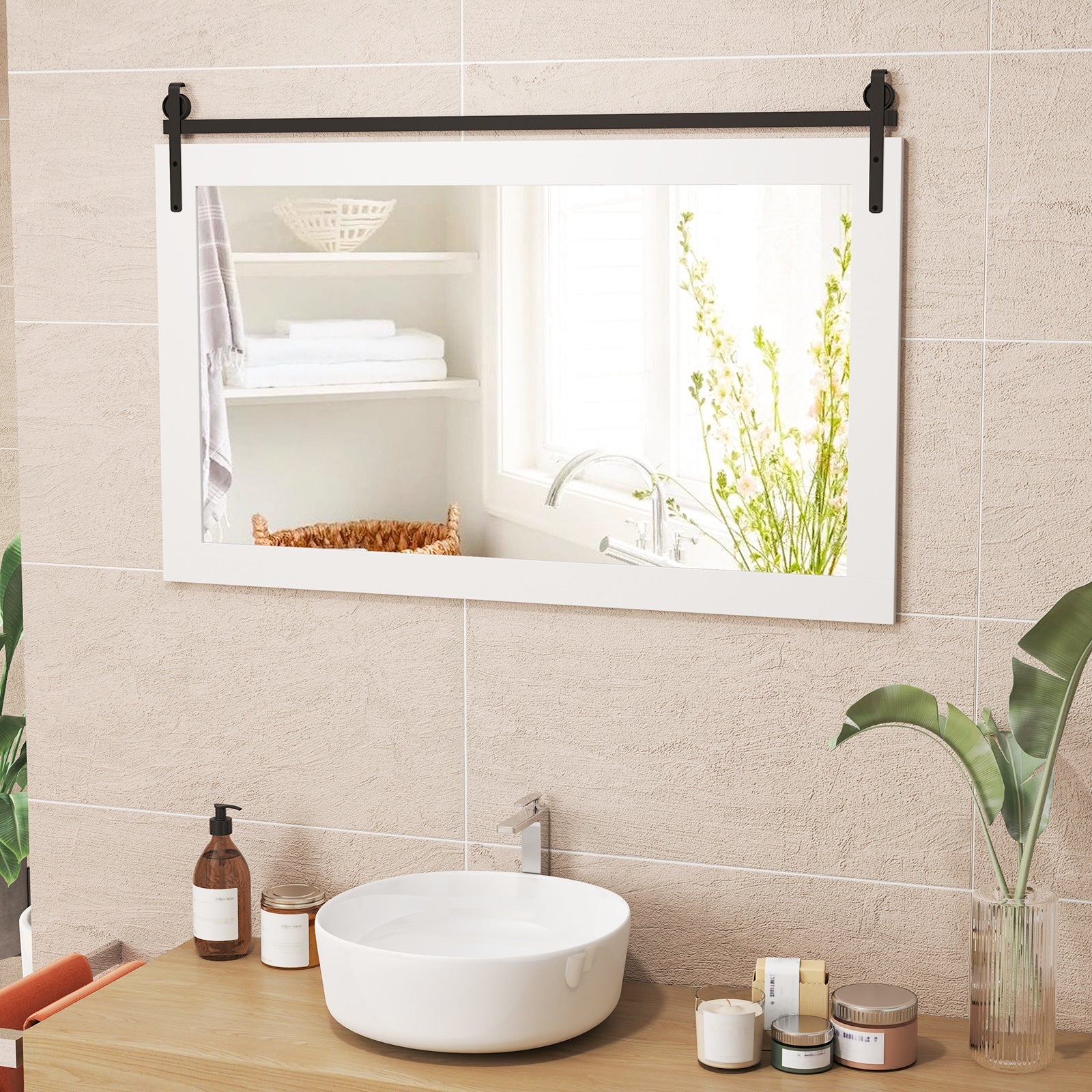 Rectangle Barn Door Style Wall Mounted Mirror with Solid Wood Frame by DirectDeals