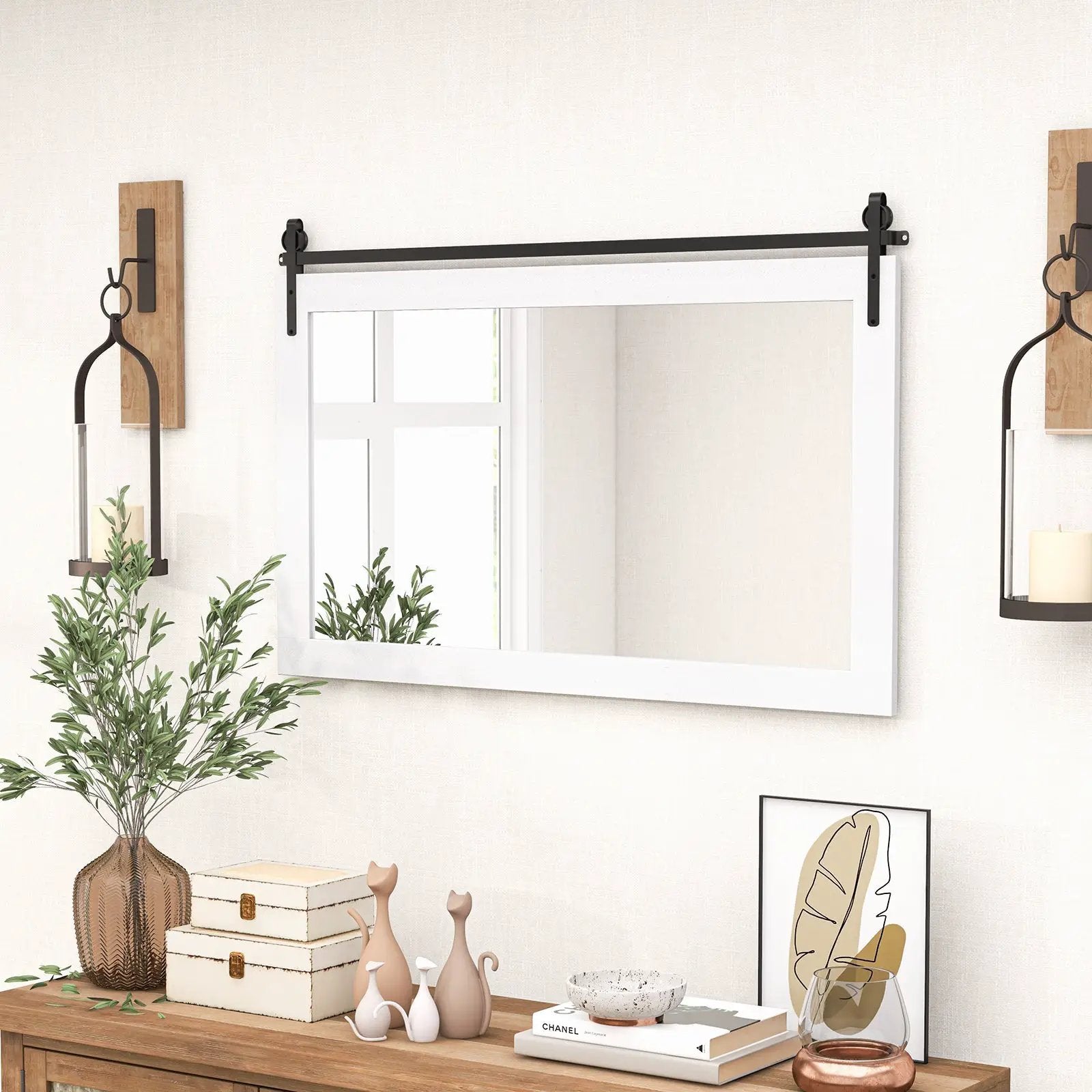 Rectangle Barn Door Style Wall Mounted Mirror with Solid Wood Frame by DirectDeals