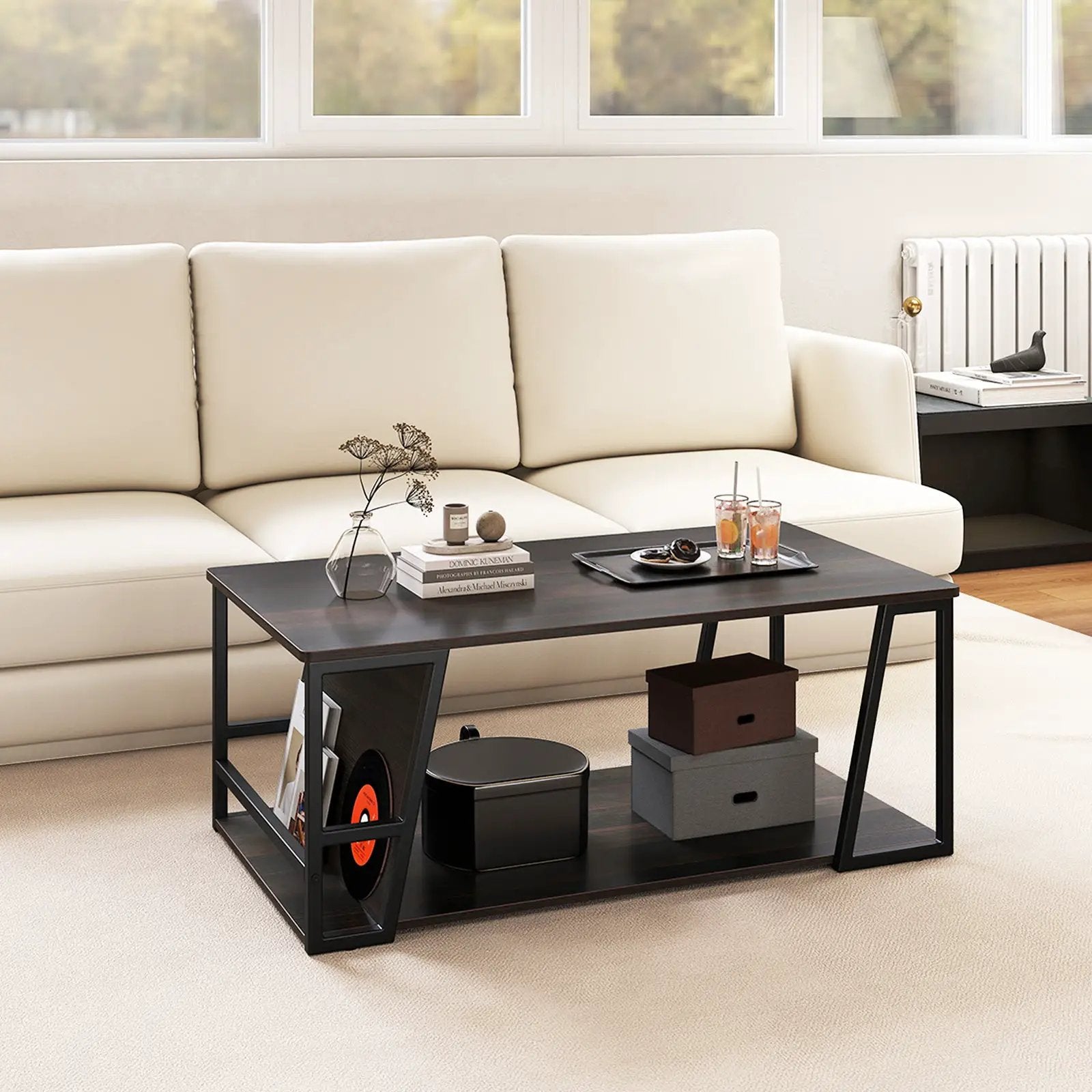 Rectangle Coffee Table 2-tier Industrial Accent Table with Storage Shelf and Compartment by DirectDeals