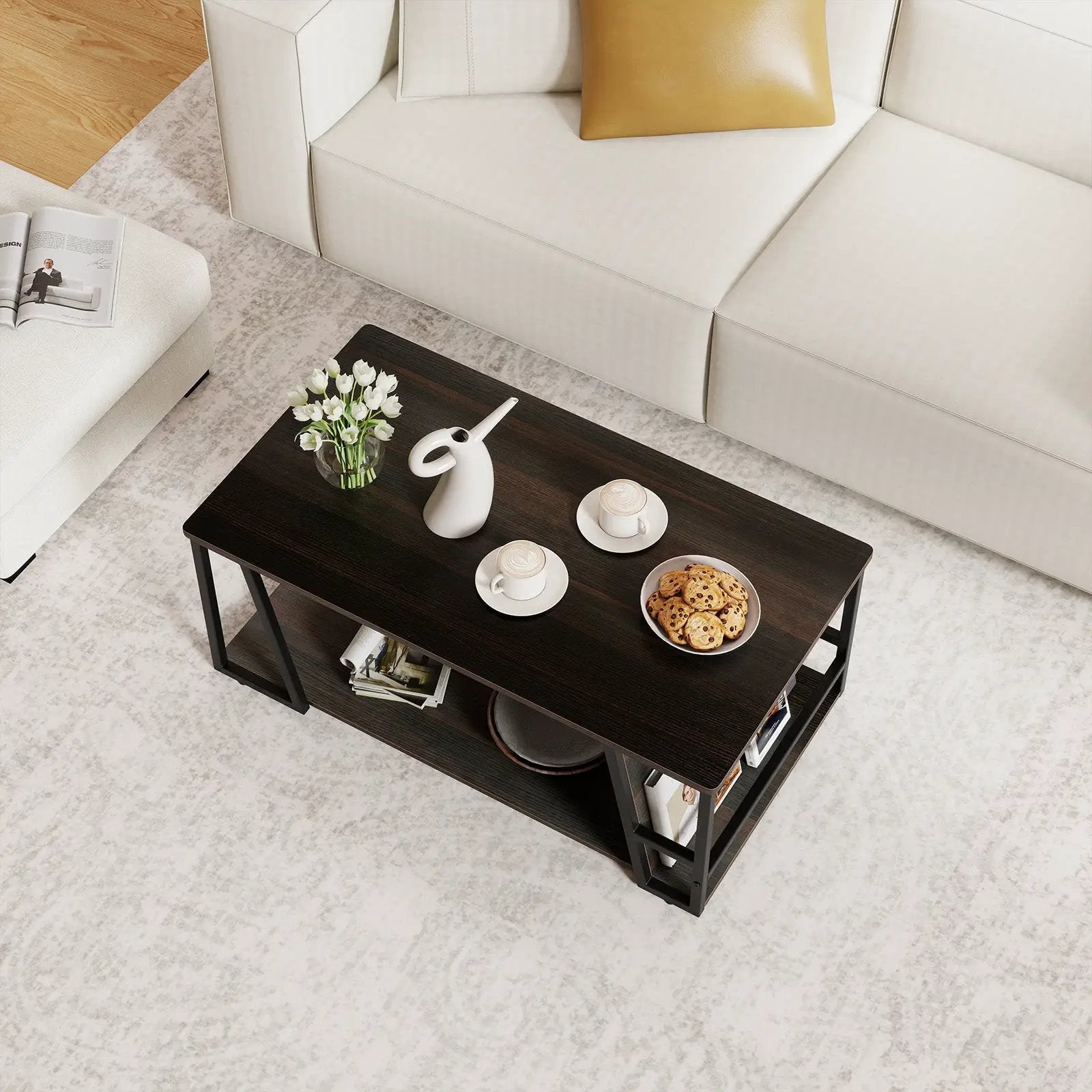 Rectangle Coffee Table 2-tier Industrial Accent Table with Storage Shelf and Compartment by DirectDeals