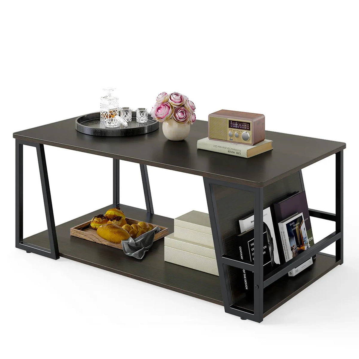 Rectangle Coffee Table 2-tier Industrial Accent Table with Storage Shelf and Compartment, photo 7 of 16