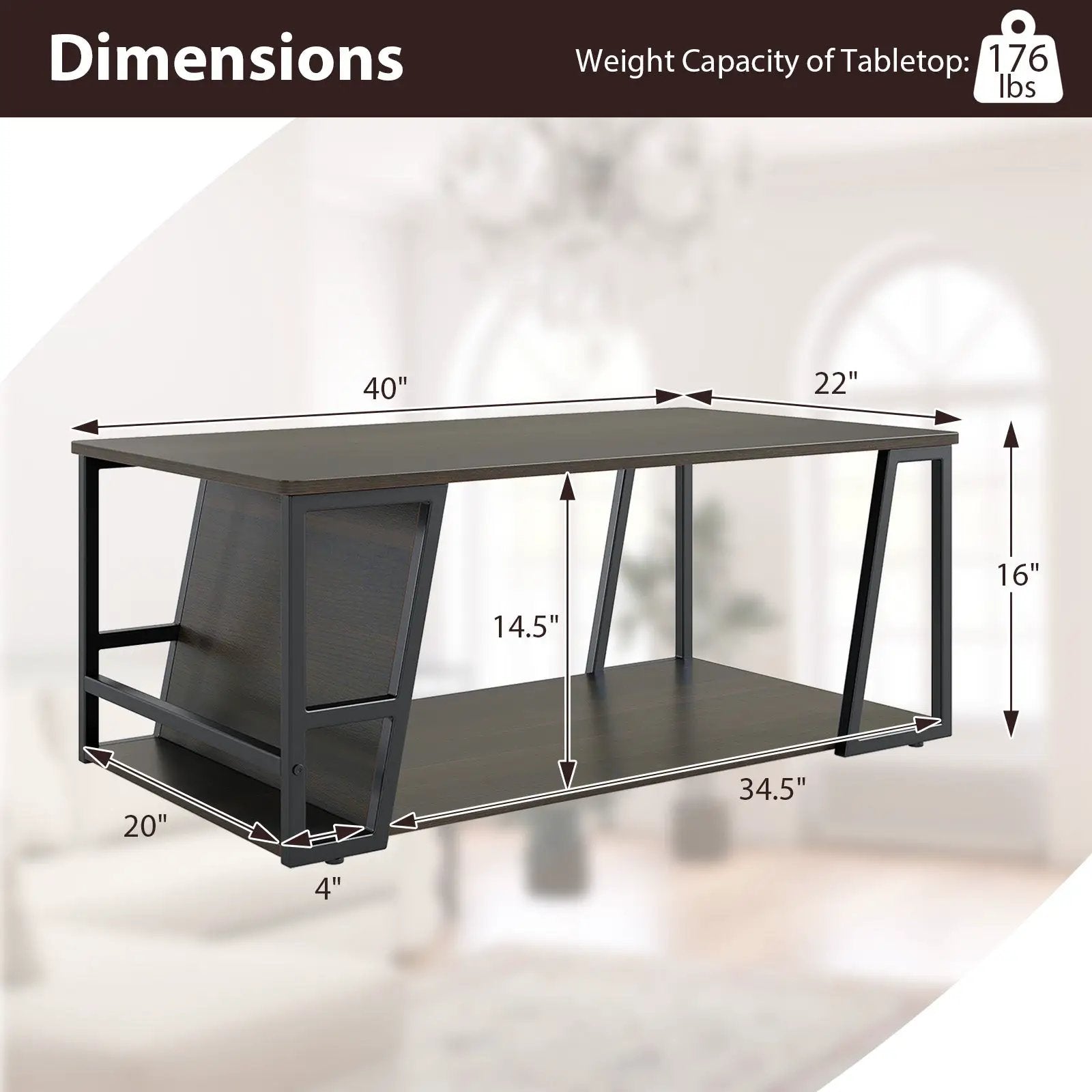 Rectangle Coffee Table 2-tier Industrial Accent Table with Storage Shelf and Compartment by DirectDeals