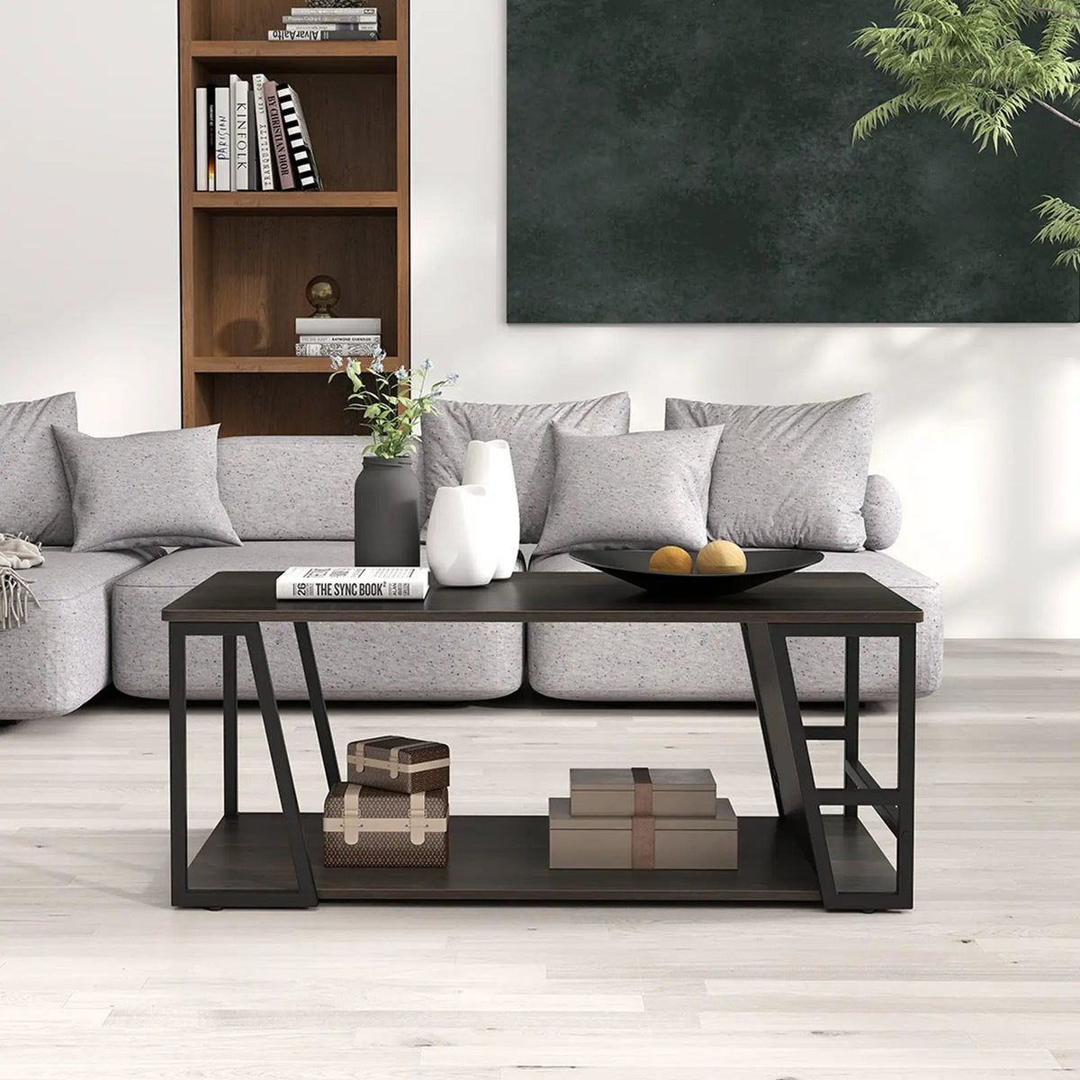 Rectangle Coffee Table 2-tier Industrial Accent Table with Storage Shelf and Compartment, photo 11 of 16