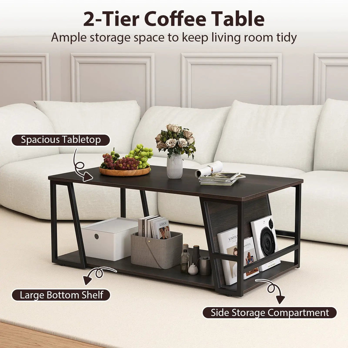 Rectangle Coffee Table 2-tier Industrial Accent Table with Storage Shelf and Compartment, photo 13 of 16