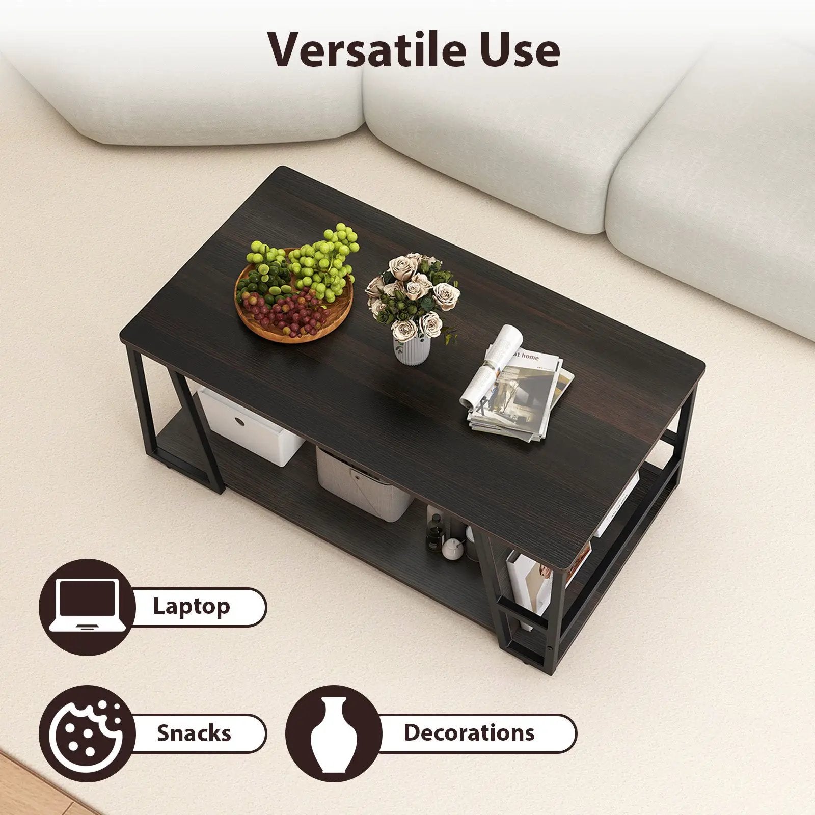 Rectangle Coffee Table 2-tier Industrial Accent Table with Storage Shelf and Compartment by DirectDeals