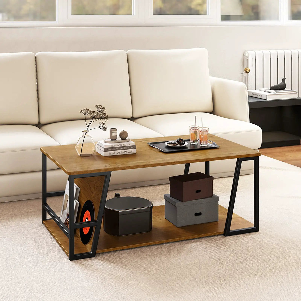 Rectangle Coffee Table 2-tier Industrial Accent Table with Storage Shelf and Compartment, photo 2 of 16