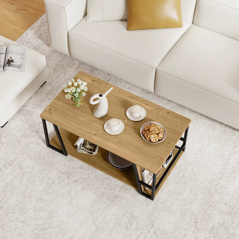 Rectangle Coffee Table 2-tier Industrial Accent Table with Storage Shelf and Compartment by DirectDeals