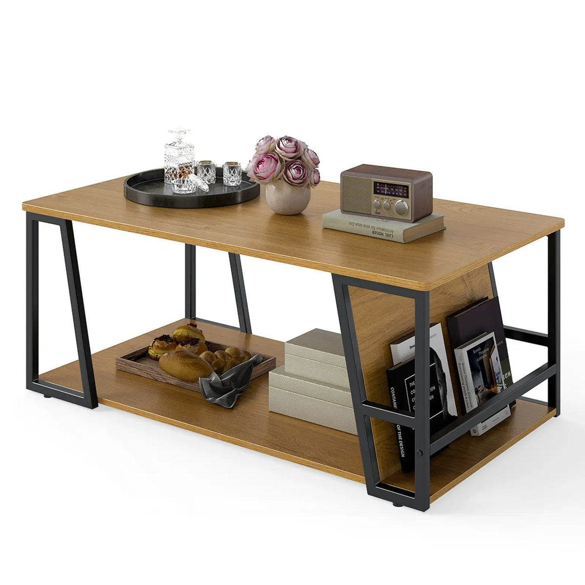 Rectangle Coffee Table 2-tier Industrial Accent Table with Storage Shelf and Compartment, photo 8 of 16