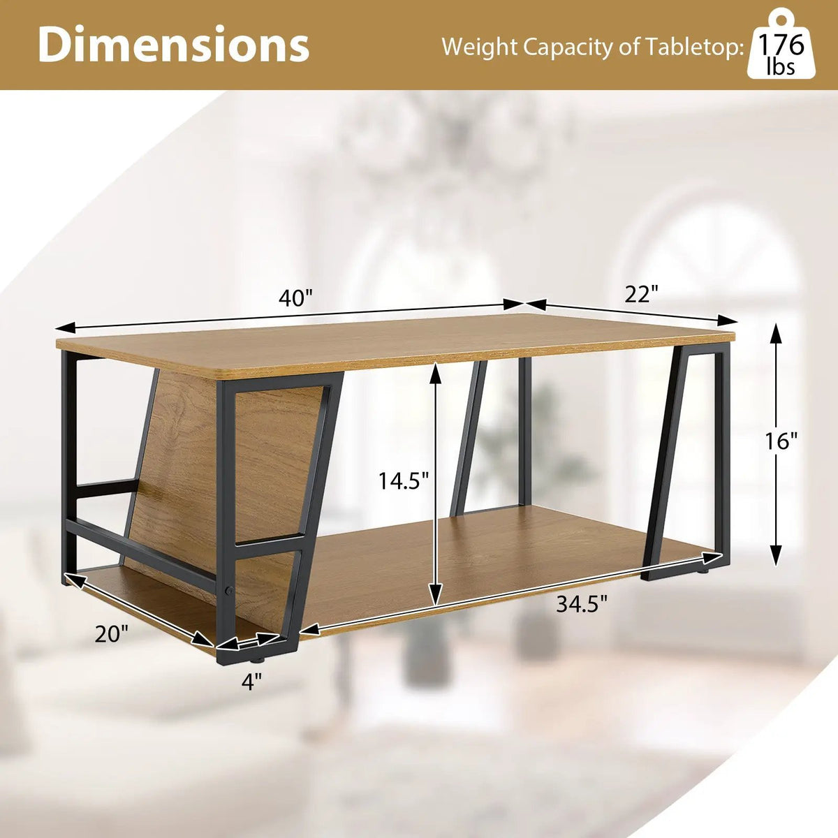 Rectangle Coffee Table 2-tier Industrial Accent Table with Storage Shelf and Compartment, photo 10 of 16