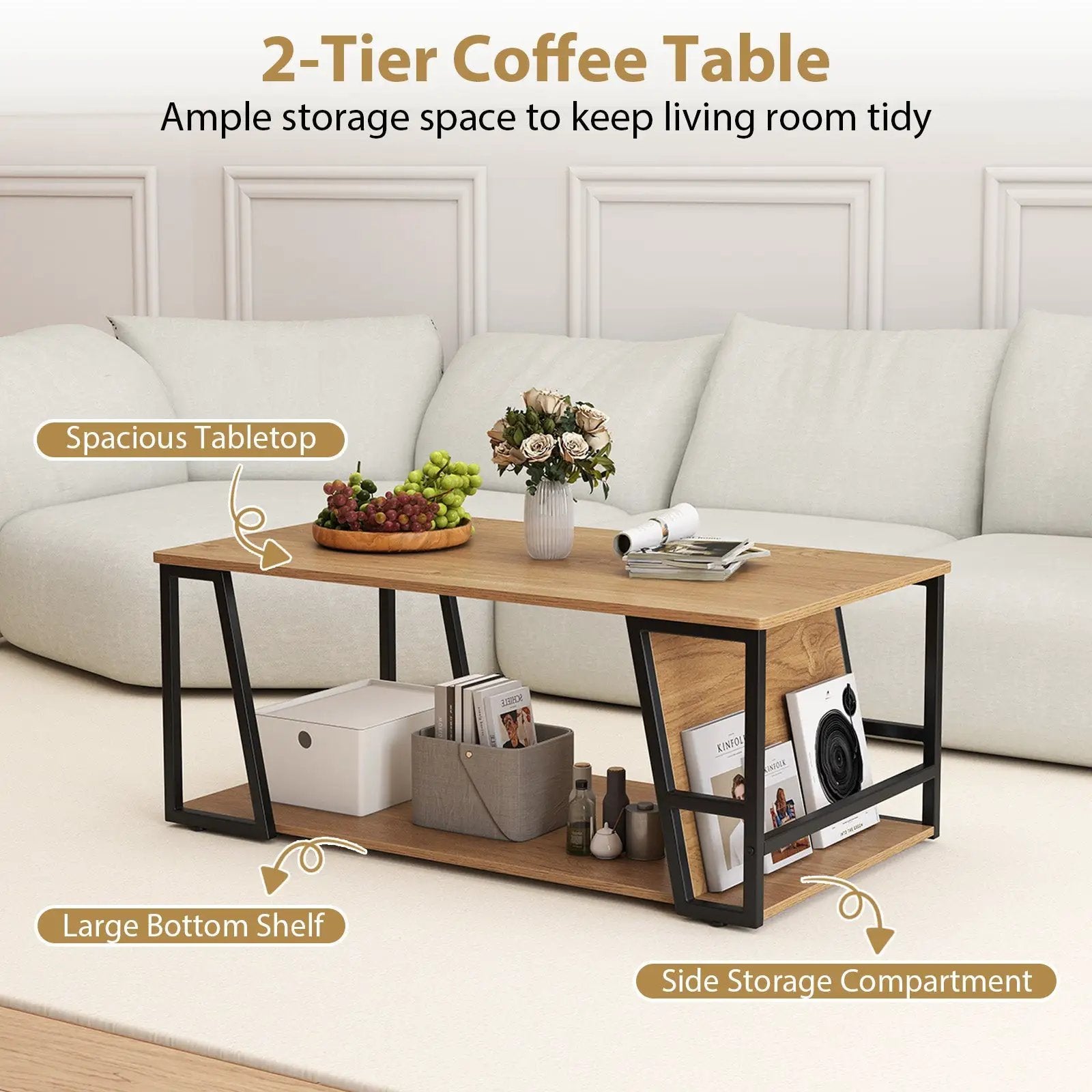 Rectangle Coffee Table 2-tier Industrial Accent Table with Storage Shelf and Compartment by DirectDeals