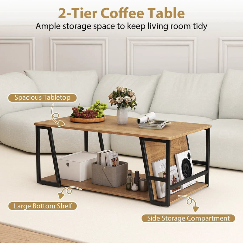 Rectangle Coffee Table 2-tier Industrial Accent Table with Storage Shelf and Compartment by DirectDeals