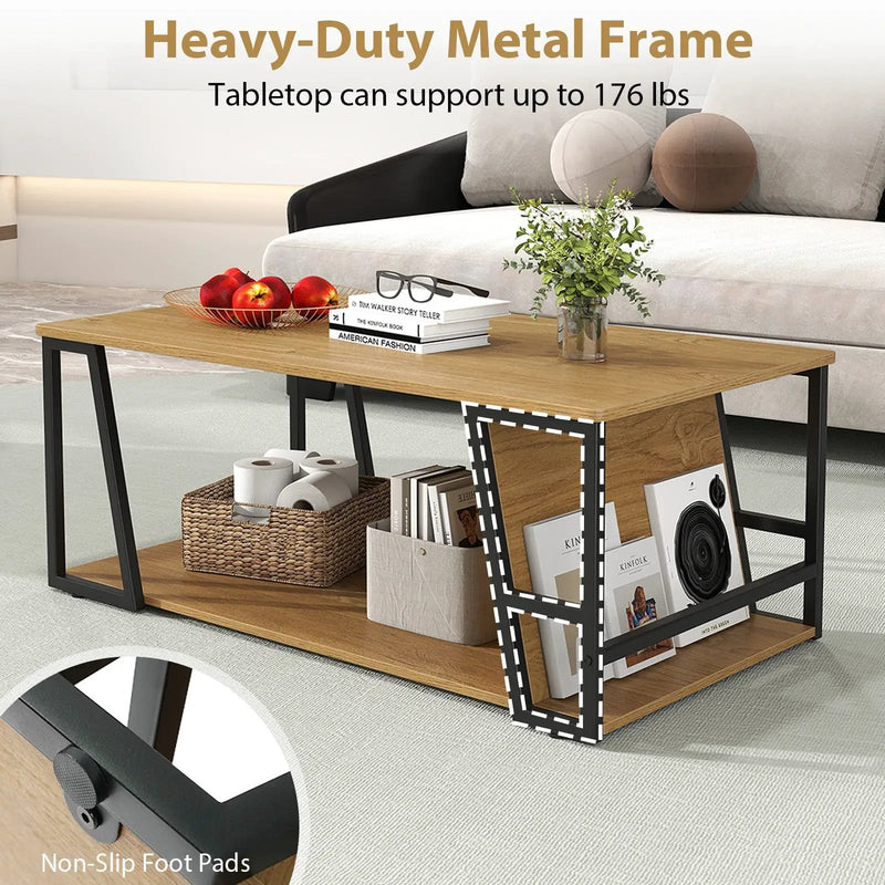 Rectangle Coffee Table 2-tier Industrial Accent Table with Storage Shelf and Compartment by DirectDeals