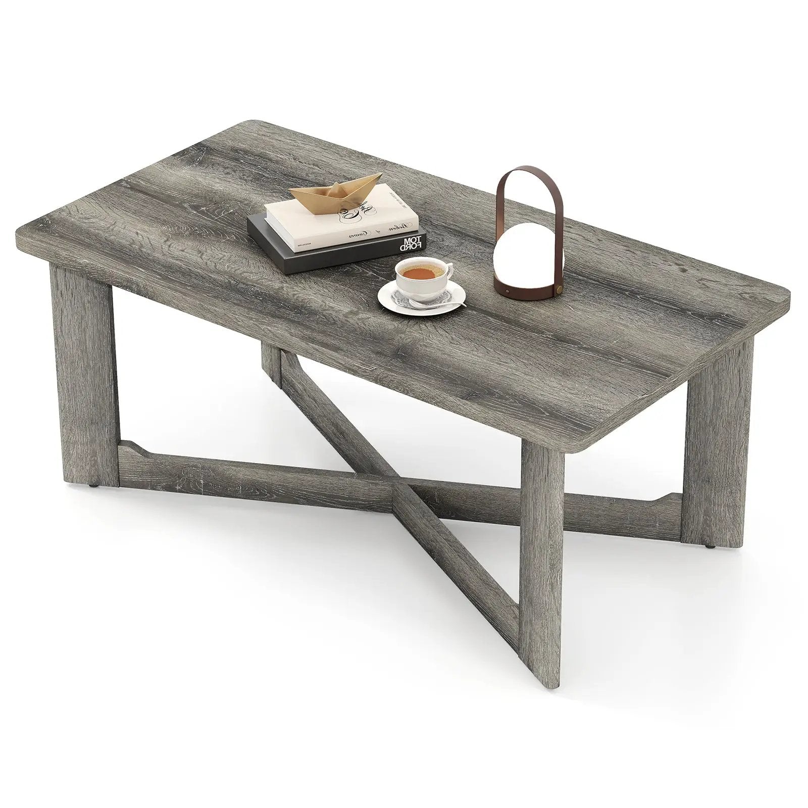 Rectangle Coffee Table Rubber Wood Base with X-Shaped Base-Gray by DirectDeals