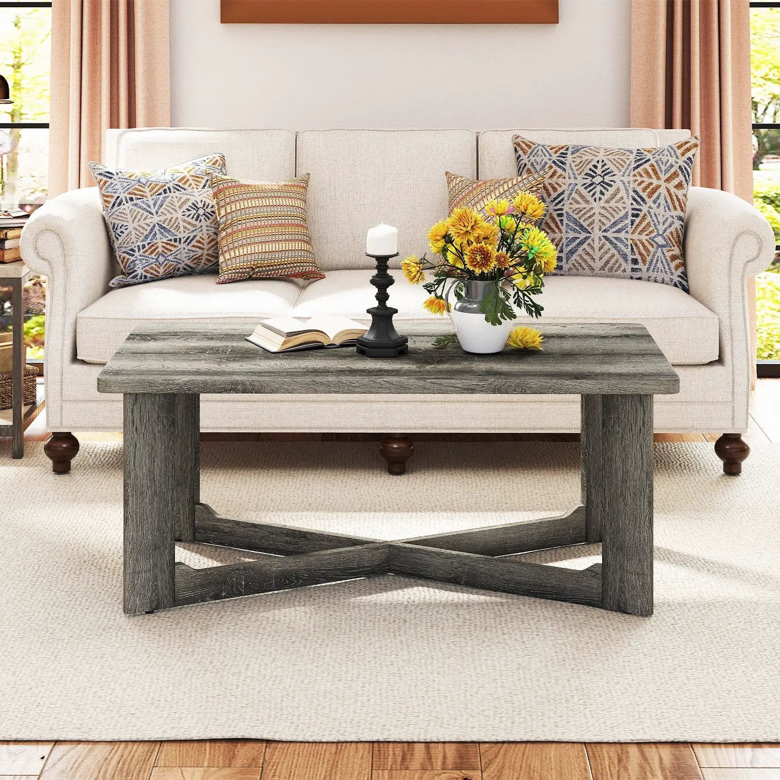 Rectangle Coffee Table Rubber Wood Base with X-Shaped Base-Gray by DirectDeals