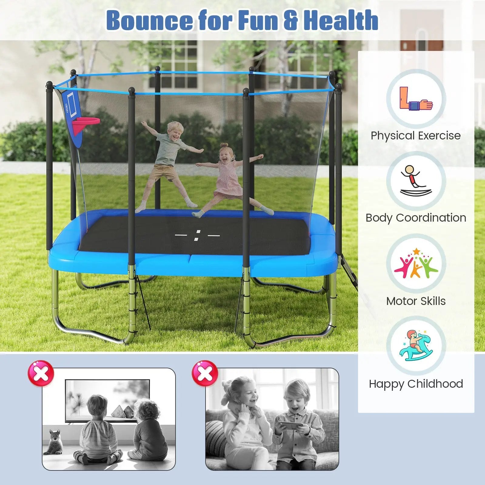 Rectangle Outdoor Trampoline 10 x 8 FT Heavy-Duty Trampoline with Basketball Hoop by DirectDeals