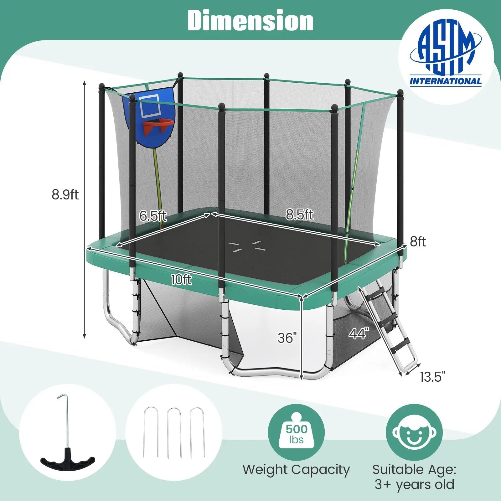 Rectangle Outdoor Trampoline 10 x 8 FT Heavy-Duty Trampoline with Basketball Hoop by DirectDeals