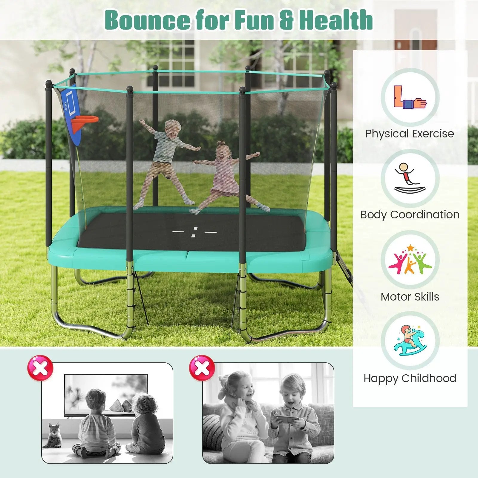 Rectangle Outdoor Trampoline 10 x 8 FT Heavy-Duty Trampoline with Basketball Hoop by DirectDeals