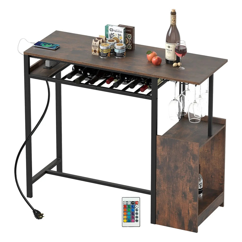 Rectangular Bar Table with Charging Station and LED Light-Rustic Brown by DirectDeals
