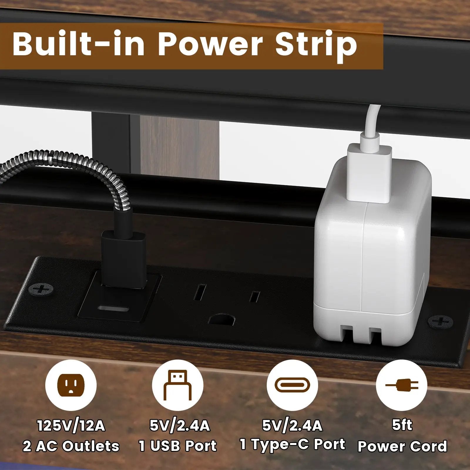 Rectangular Bar Table with Charging Station and LED Light-Rustic Brown by DirectDeals