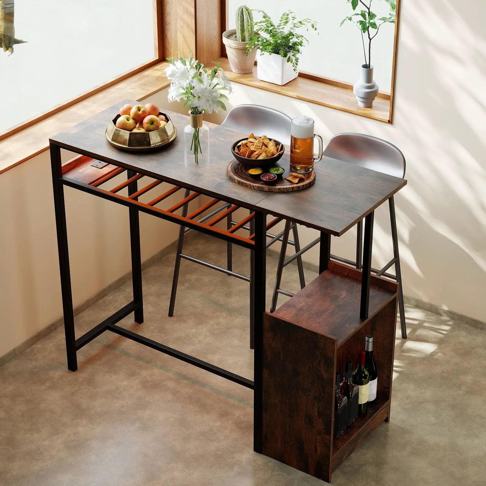 Rectangular Bar Table with Charging Station and LED Light-Rustic Brown by DirectDeals