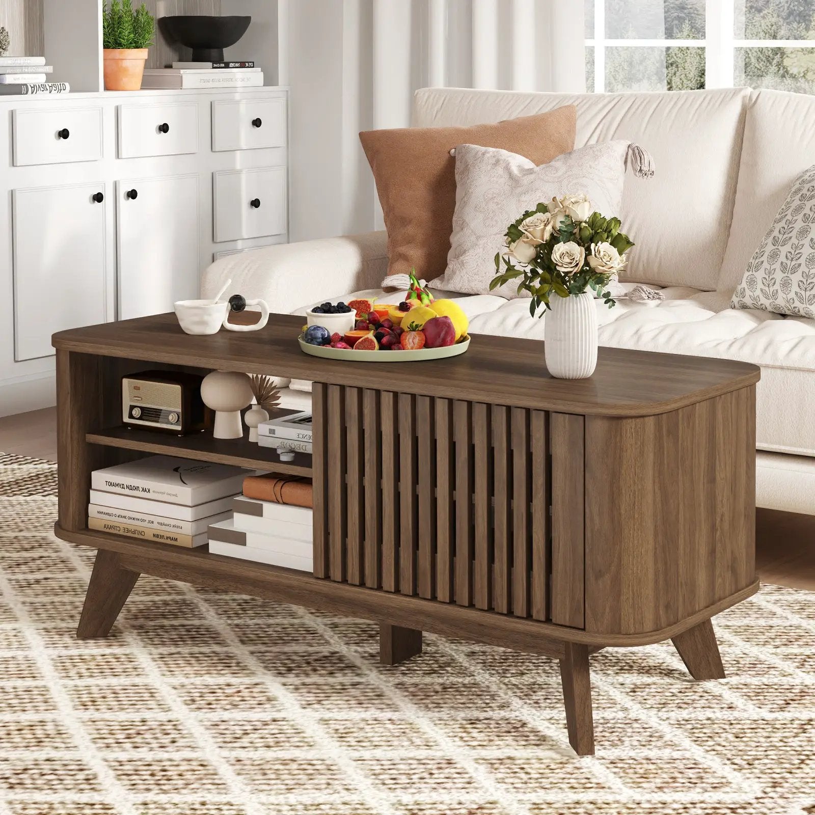 Rectangular Coffee Table with Storage and Adjustable Shelves-Walnut by DirectDeals
