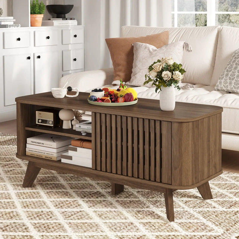 Rectangular Coffee Table with Storage and Adjustable Shelves-Walnut by DirectDeals