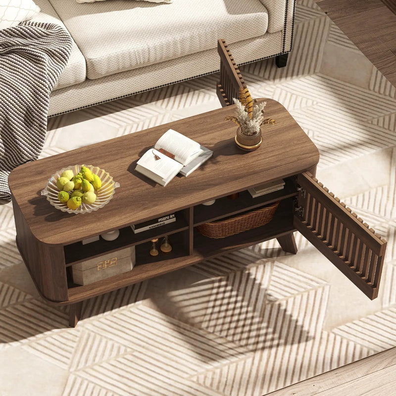 Rectangular Coffee Table with Storage and Adjustable Shelves-Walnut by DirectDeals