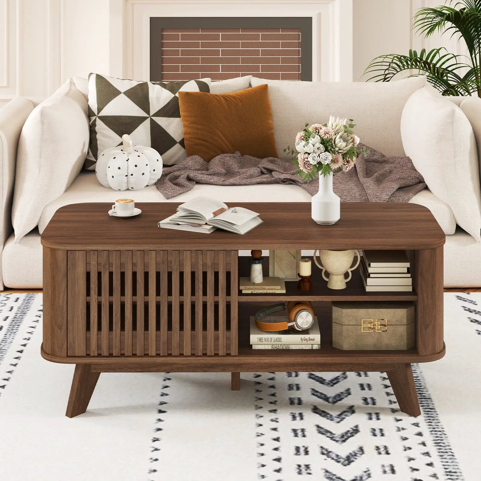 Rectangular Coffee Table with Storage and Adjustable Shelves-Walnut by DirectDeals