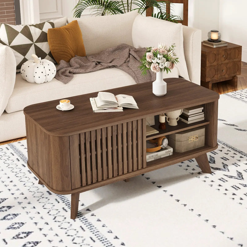 Rectangular Coffee Table with Storage and Adjustable Shelves-Walnut by DirectDeals