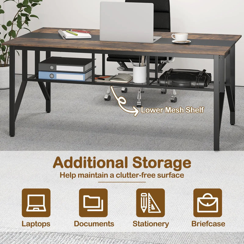 Rectangular Meeting Table with Mesh Storage Shelf and Cable Grommet-Rustic Brown by DirectDeals