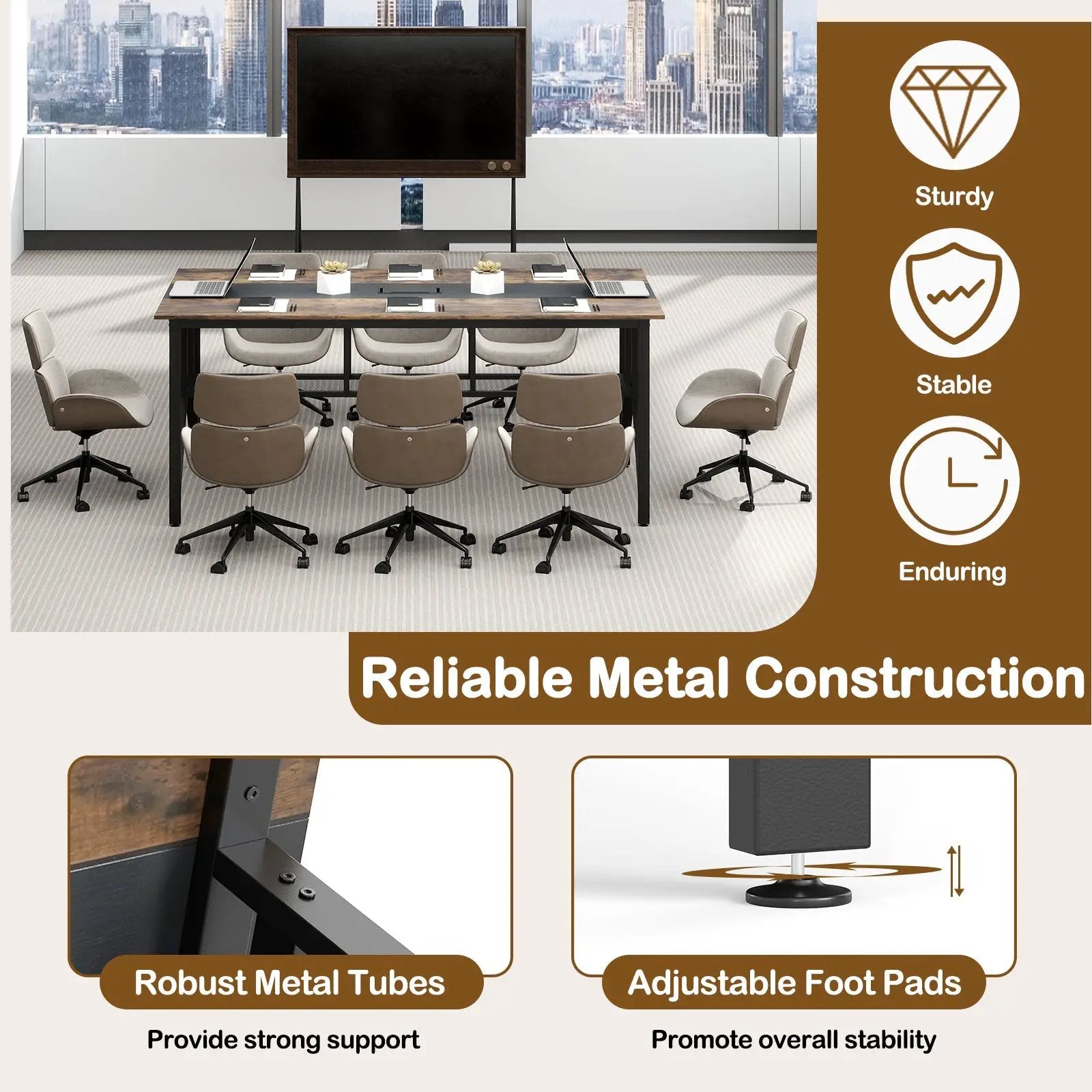 Rectangular Meeting Table with Mesh Storage Shelf and Cable Grommet-Rustic Brown by DirectDeals