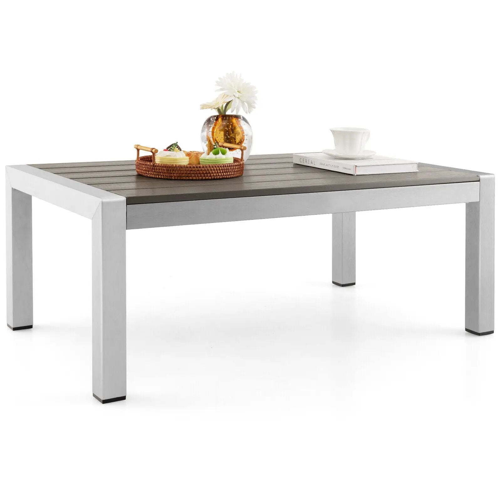 Modern Rectangular Patio Coffee Table with Plastic Wood Tabletop and Rustproof Aluminum Frame-Gray by DirectDeals
