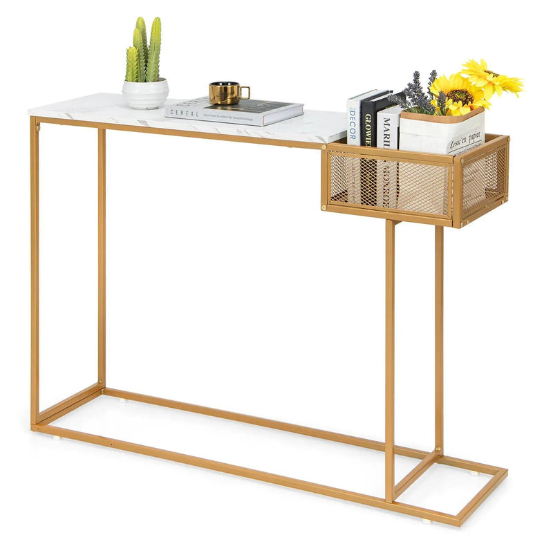 Rectangular White Faux Marble Console Table with Storage-Gold by DirectDeals