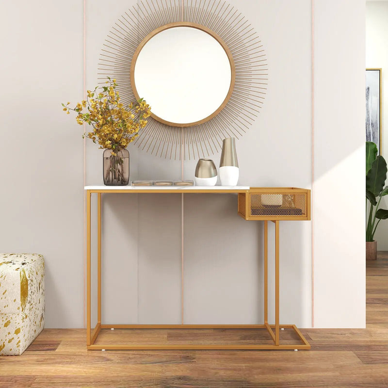 Rectangular White Faux Marble Console Table with Storage-Gold by DirectDeals