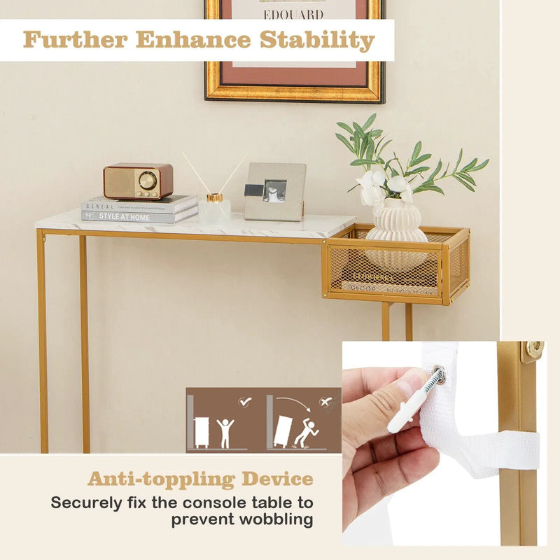 Rectangular White Faux Marble Console Table with Storage-Gold by DirectDeals