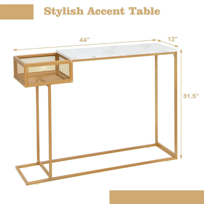 Rectangular White Faux Marble Console Table with Storage-Gold by DirectDeals