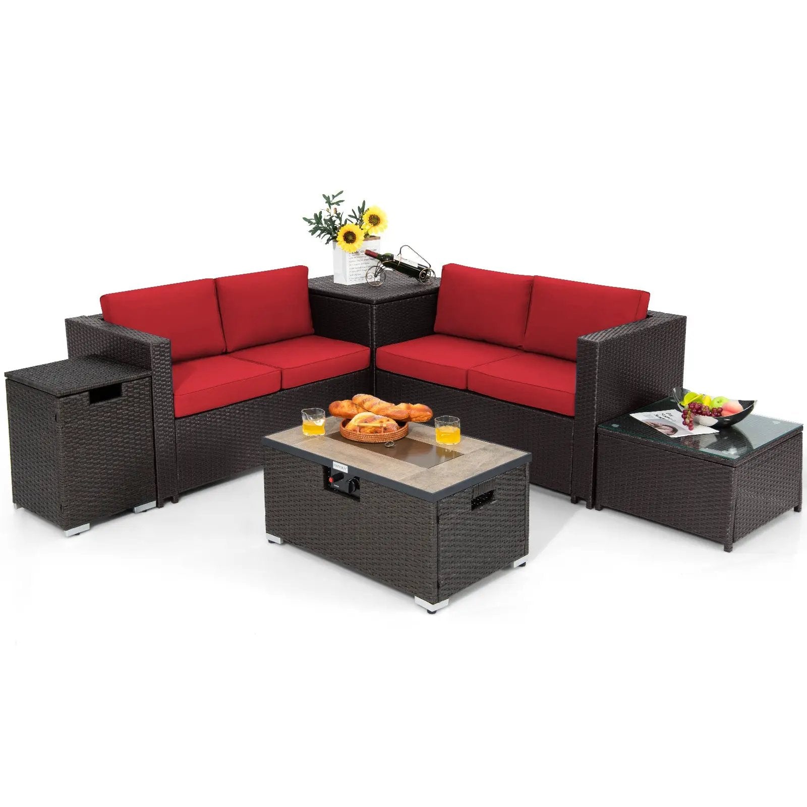 6 Pieces Outdoor Wicker Furniture Set with 32 Inch Propane Fire Pit Table by DirectDeals