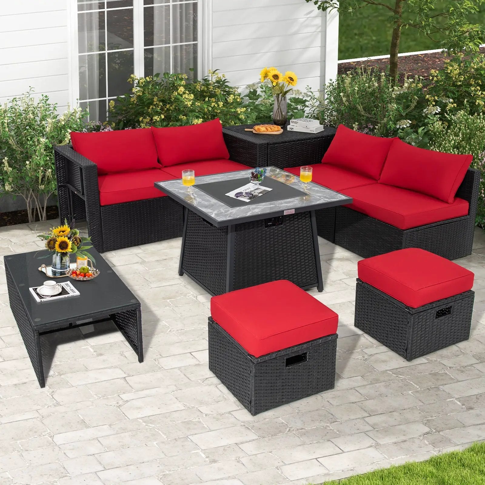 9 Pieces Outdoor Wicker Sectional with 35 Inch Gas Fire Pit Table by DirectDeals