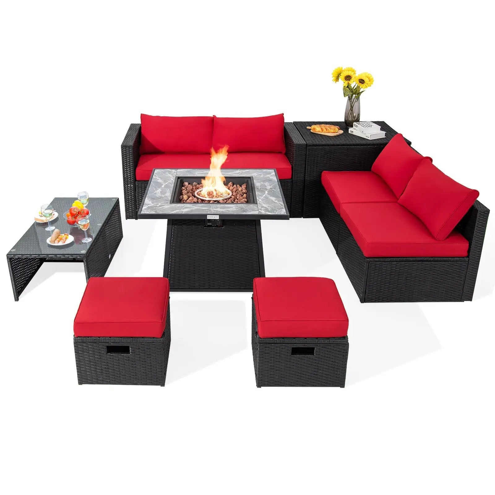 9 Pieces Outdoor Wicker Sectional with 35 Inch Gas Fire Pit Table by DirectDeals