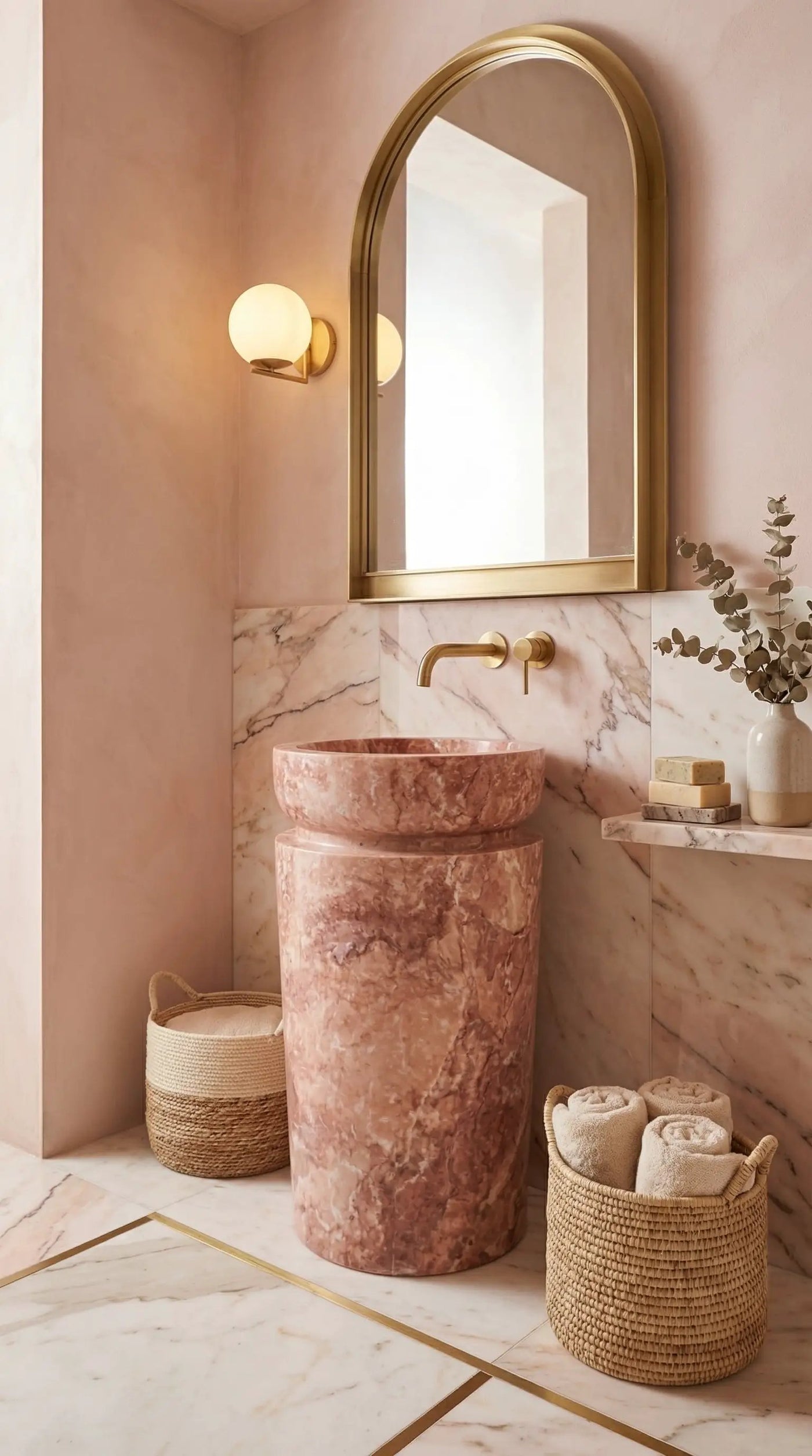 Red Light Travertine Pedestal Sink - Sculptural Designer 18x18x33 by GobekDesign