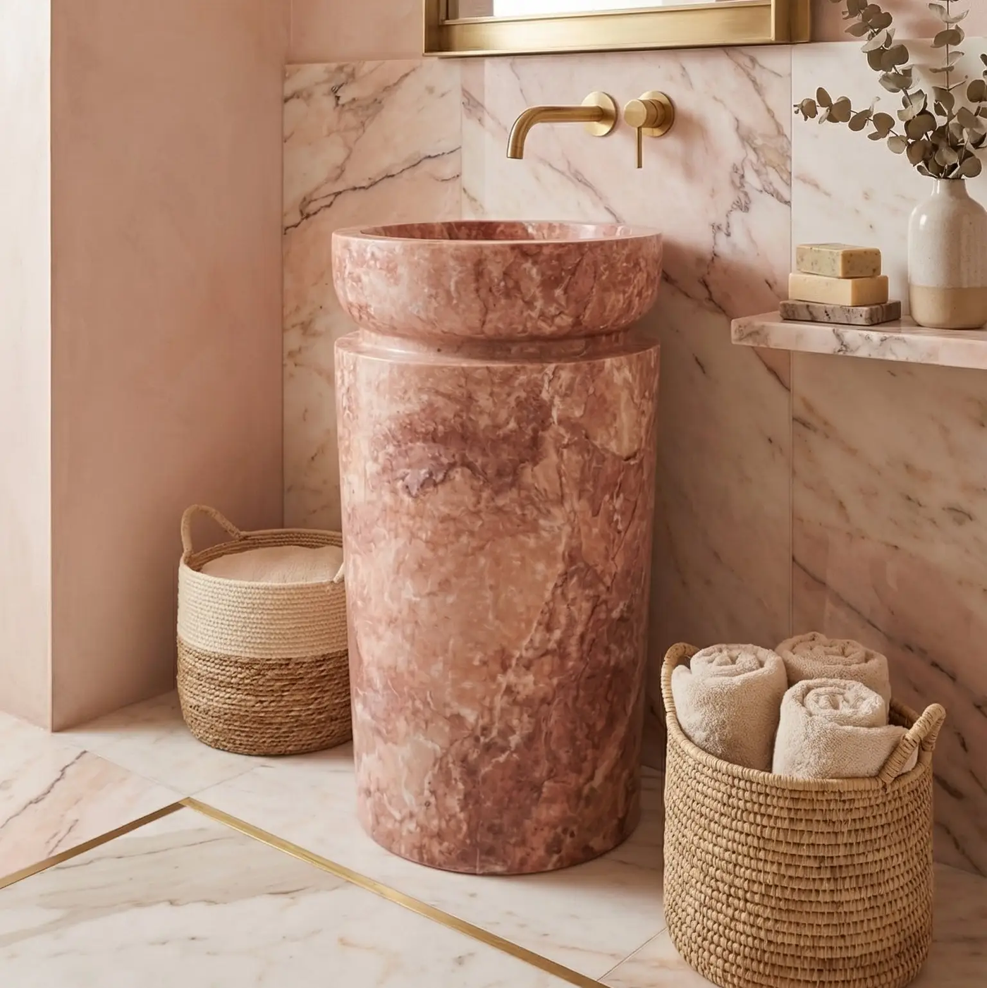 Red Light Travertine Pedestal Sink - Sculptural Designer 18x18x33 by GobekDesign