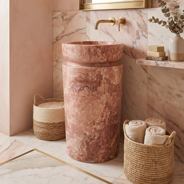 Red Light Travertine Pedestal Sink - Sculptural Designer 18x18x33